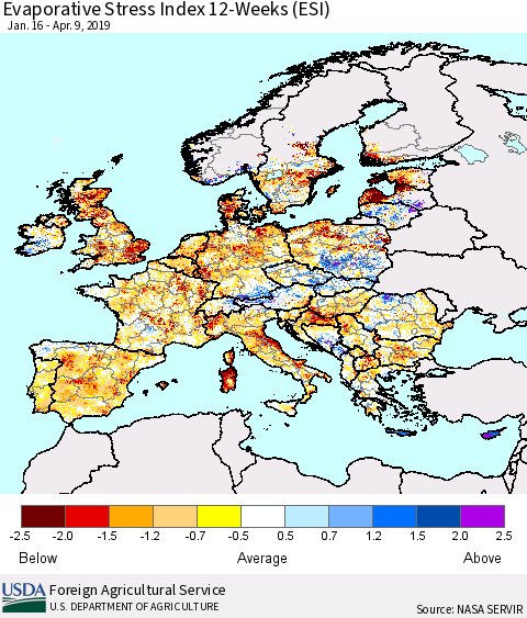 Europe Evaporative Stress Index (ESI), 12-Weeks Thematic Map For 4/8/2019 - 4/14/2019