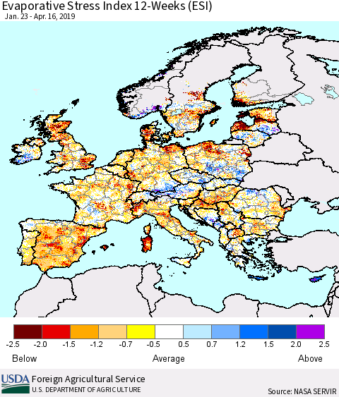 Europe Evaporative Stress Index (ESI), 12-Weeks Thematic Map For 4/15/2019 - 4/21/2019