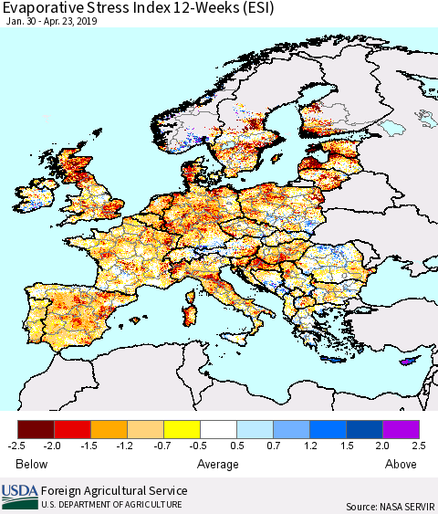 Europe Evaporative Stress Index (ESI), 12-Weeks Thematic Map For 4/22/2019 - 4/28/2019