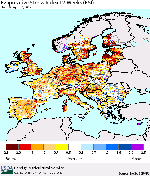 Europe Evaporative Stress Index (ESI), 12-Weeks Thematic Map For 4/29/2019 - 5/5/2019