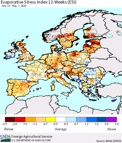 Europe Evaporative Stress Index (ESI), 12-Weeks Thematic Map For 5/6/2019 - 5/12/2019
