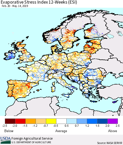 Europe Evaporative Stress Index (ESI), 12-Weeks Thematic Map For 5/13/2019 - 5/19/2019