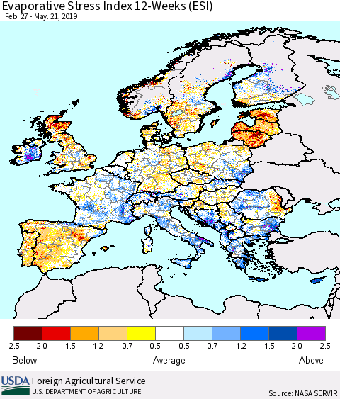 Europe Evaporative Stress Index (ESI), 12-Weeks Thematic Map For 5/20/2019 - 5/26/2019