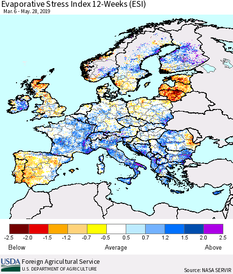 Europe Evaporative Stress Index (ESI), 12-Weeks Thematic Map For 5/27/2019 - 6/2/2019