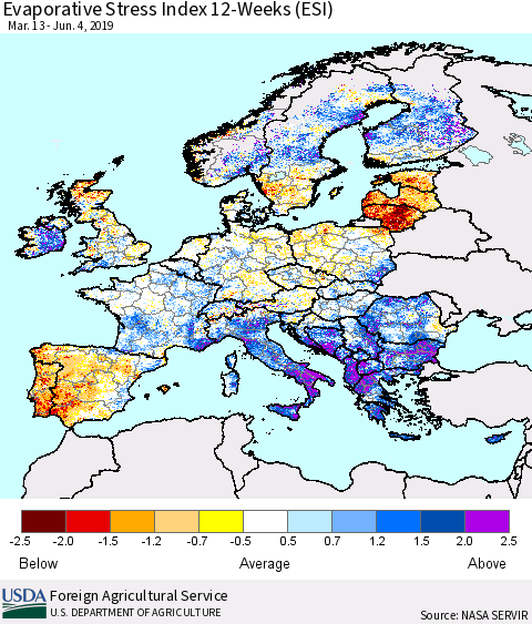 Europe Evaporative Stress Index (ESI), 12-Weeks Thematic Map For 6/3/2019 - 6/9/2019