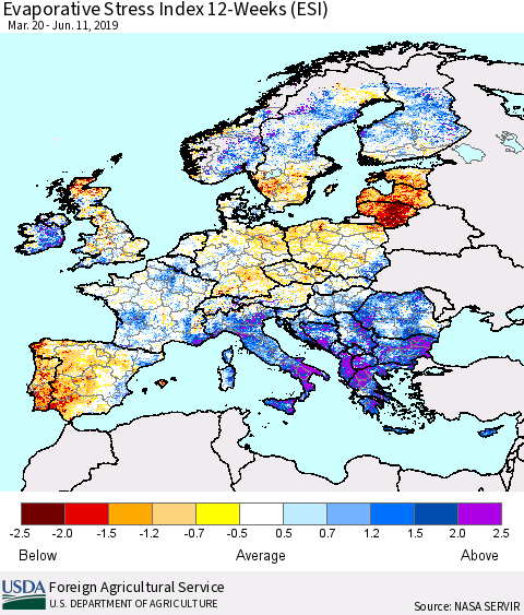 Europe Evaporative Stress Index (ESI), 12-Weeks Thematic Map For 6/10/2019 - 6/16/2019