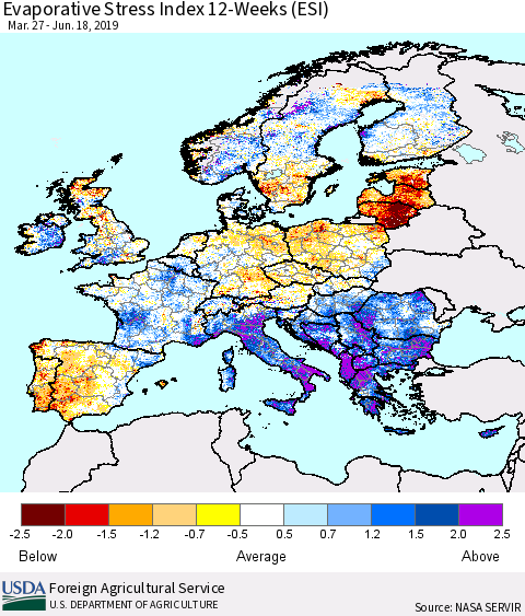 Europe Evaporative Stress Index (ESI), 12-Weeks Thematic Map For 6/17/2019 - 6/23/2019