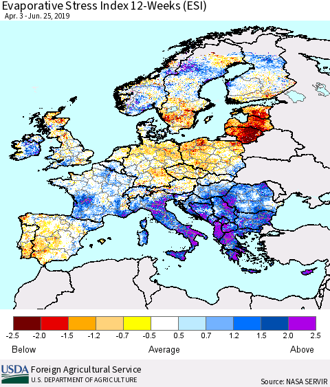 Europe Evaporative Stress Index (ESI), 12-Weeks Thematic Map For 6/24/2019 - 6/30/2019