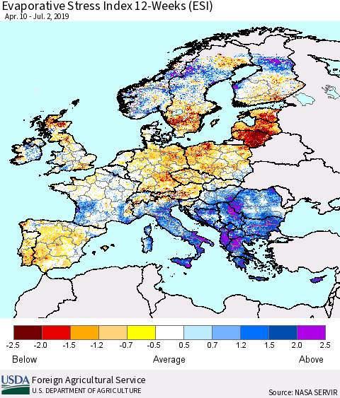 Europe Evaporative Stress Index (ESI), 12-Weeks Thematic Map For 7/1/2019 - 7/7/2019