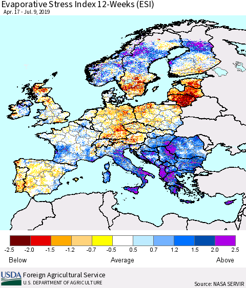 Europe Evaporative Stress Index (ESI), 12-Weeks Thematic Map For 7/8/2019 - 7/14/2019