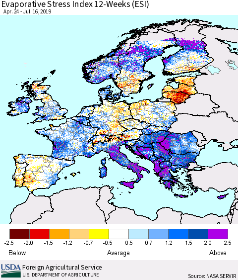 Europe Evaporative Stress Index (ESI), 12-Weeks Thematic Map For 7/15/2019 - 7/21/2019