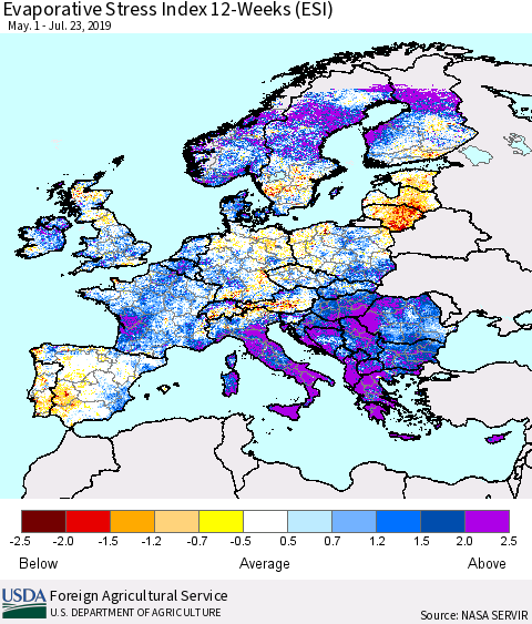 Europe Evaporative Stress Index (ESI), 12-Weeks Thematic Map For 7/22/2019 - 7/28/2019