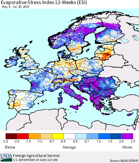 Europe Evaporative Stress Index (ESI), 12-Weeks Thematic Map For 7/29/2019 - 8/4/2019