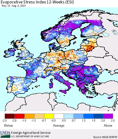 Europe Evaporative Stress Index (ESI), 12-Weeks Thematic Map For 8/5/2019 - 8/11/2019