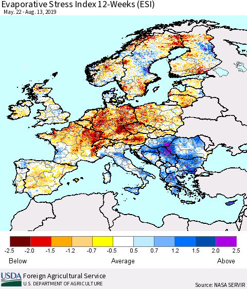 Europe Evaporative Stress Index (ESI), 12-Weeks Thematic Map For 8/12/2019 - 8/18/2019