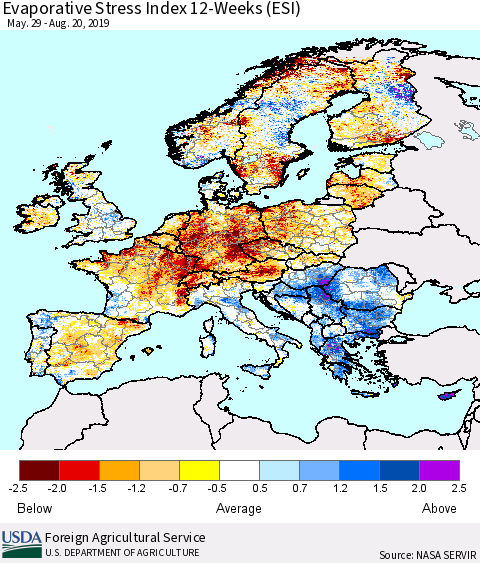 Europe Evaporative Stress Index (ESI), 12-Weeks Thematic Map For 8/19/2019 - 8/25/2019