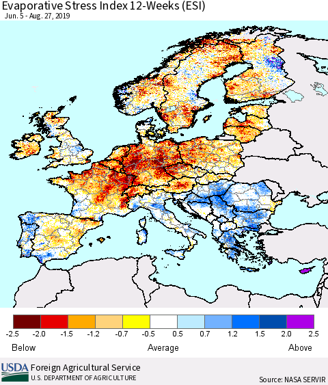 Europe Evaporative Stress Index (ESI), 12-Weeks Thematic Map For 8/26/2019 - 9/1/2019