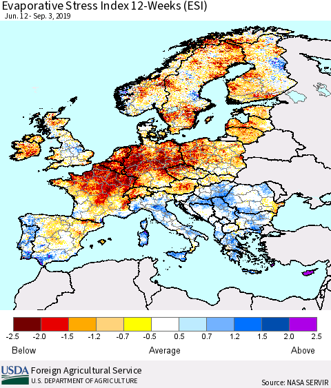 Europe Evaporative Stress Index (ESI), 12-Weeks Thematic Map For 9/2/2019 - 9/8/2019