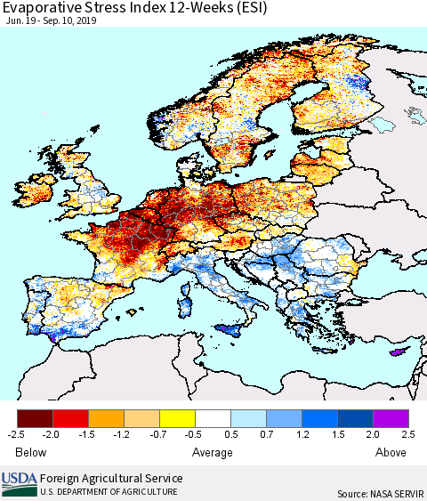 Europe Evaporative Stress Index (ESI), 12-Weeks Thematic Map For 9/9/2019 - 9/15/2019
