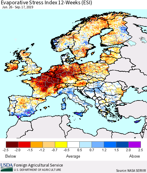 Europe Evaporative Stress Index (ESI), 12-Weeks Thematic Map For 9/16/2019 - 9/22/2019