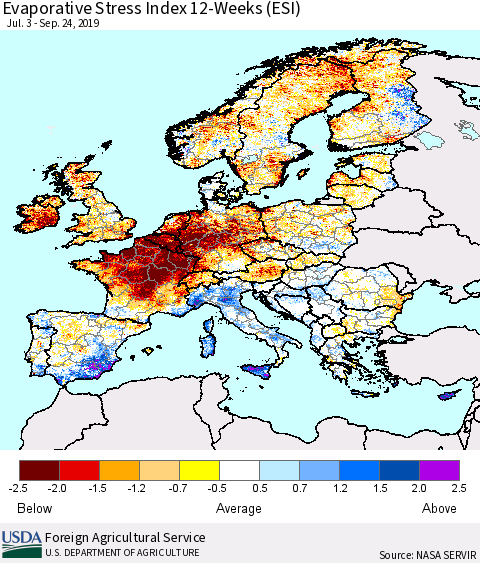 Europe Evaporative Stress Index (ESI), 12-Weeks Thematic Map For 9/23/2019 - 9/29/2019