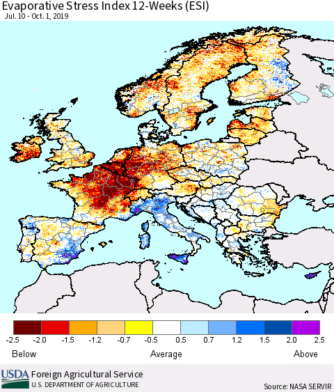 Europe Evaporative Stress Index (ESI), 12-Weeks Thematic Map For 9/30/2019 - 10/6/2019