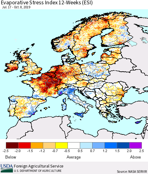 Europe Evaporative Stress Index (ESI), 12-Weeks Thematic Map For 10/7/2019 - 10/13/2019