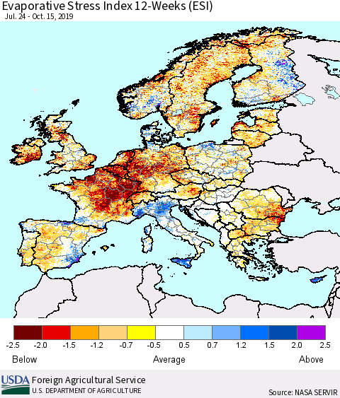 Europe Evaporative Stress Index (ESI), 12-Weeks Thematic Map For 10/14/2019 - 10/20/2019