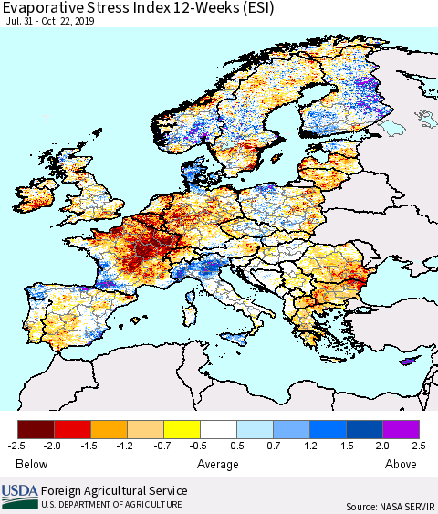 Europe Evaporative Stress Index (ESI), 12-Weeks Thematic Map For 10/21/2019 - 10/27/2019