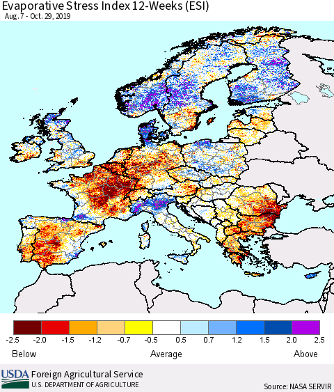 Europe Evaporative Stress Index (ESI), 12-Weeks Thematic Map For 10/28/2019 - 11/3/2019