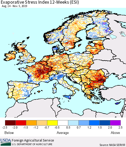Europe Evaporative Stress Index (ESI), 12-Weeks Thematic Map For 11/4/2019 - 11/10/2019