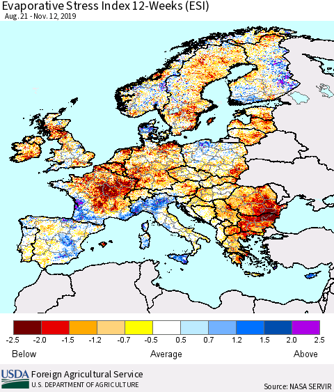 Europe Evaporative Stress Index (ESI), 12-Weeks Thematic Map For 11/11/2019 - 11/17/2019