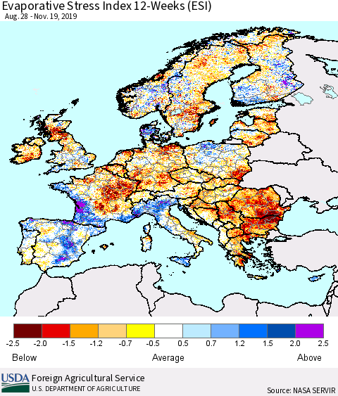 Europe Evaporative Stress Index (ESI), 12-Weeks Thematic Map For 11/18/2019 - 11/24/2019