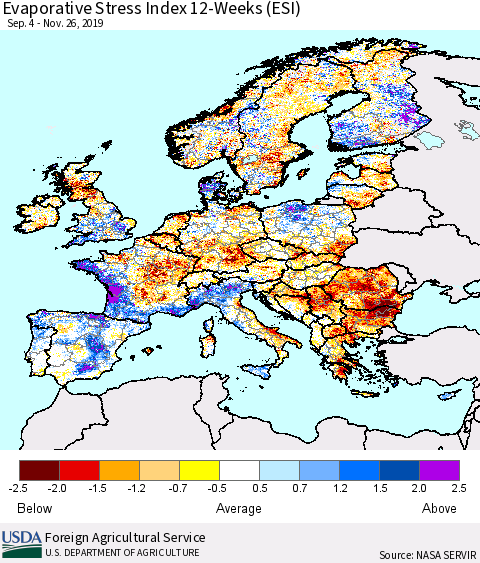 Europe Evaporative Stress Index (ESI), 12-Weeks Thematic Map For 11/25/2019 - 12/1/2019