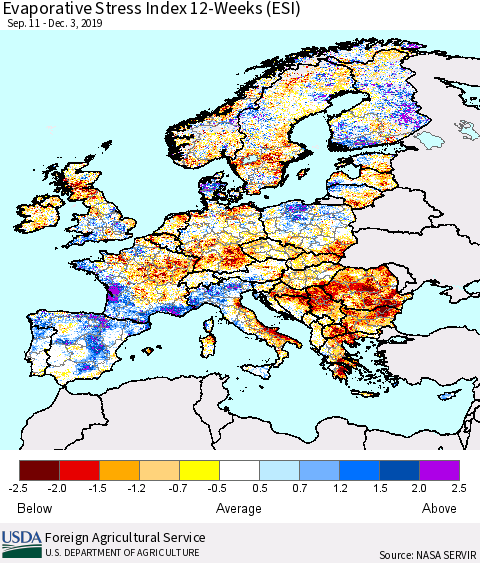 Europe Evaporative Stress Index (ESI), 12-Weeks Thematic Map For 12/2/2019 - 12/8/2019