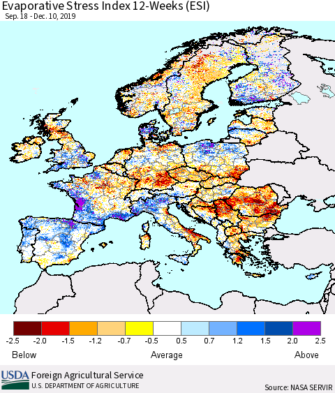 Europe Evaporative Stress Index (ESI), 12-Weeks Thematic Map For 12/9/2019 - 12/15/2019