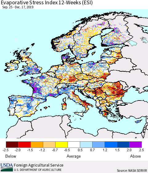 Europe Evaporative Stress Index (ESI), 12-Weeks Thematic Map For 12/16/2019 - 12/22/2019