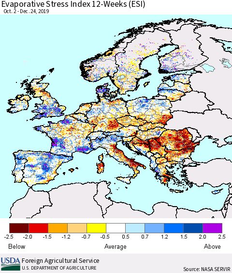 Europe Evaporative Stress Index (ESI), 12-Weeks Thematic Map For 12/23/2019 - 12/29/2019