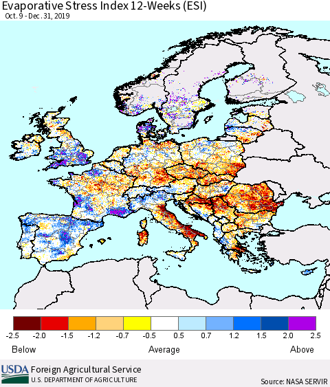 Europe Evaporative Stress Index (ESI), 12-Weeks Thematic Map For 12/30/2019 - 1/5/2020