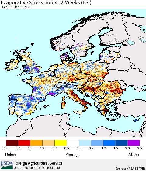 Europe Evaporative Stress Index (ESI), 12-Weeks Thematic Map For 1/6/2020 - 1/12/2020
