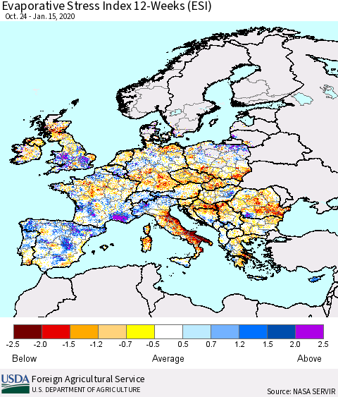 Europe Evaporative Stress Index (ESI), 12-Weeks Thematic Map For 1/13/2020 - 1/19/2020