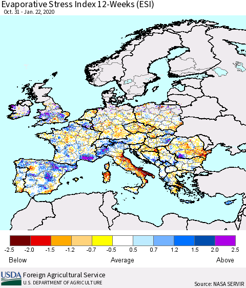 Europe Evaporative Stress Index (ESI), 12-Weeks Thematic Map For 1/20/2020 - 1/26/2020
