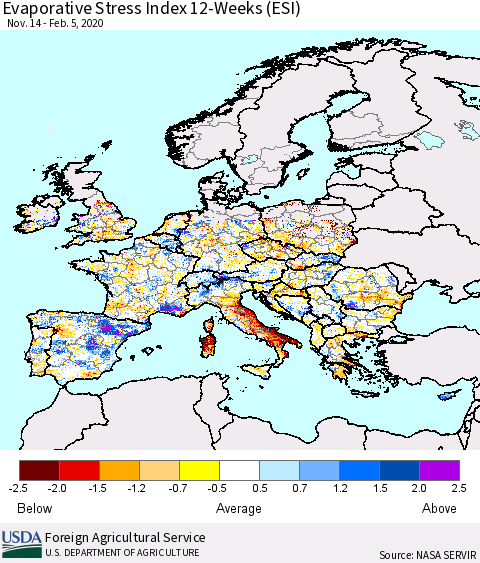 Europe Evaporative Stress Index (ESI), 12-Weeks Thematic Map For 2/3/2020 - 2/9/2020