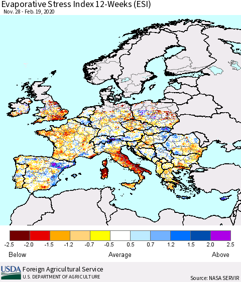 Europe Evaporative Stress Index (ESI), 12-Weeks Thematic Map For 2/17/2020 - 2/23/2020