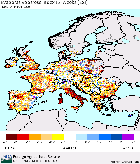 Europe Evaporative Stress Index (ESI), 12-Weeks Thematic Map For 3/2/2020 - 3/8/2020