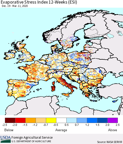 Europe Evaporative Stress Index (ESI), 12-Weeks Thematic Map For 3/9/2020 - 3/15/2020