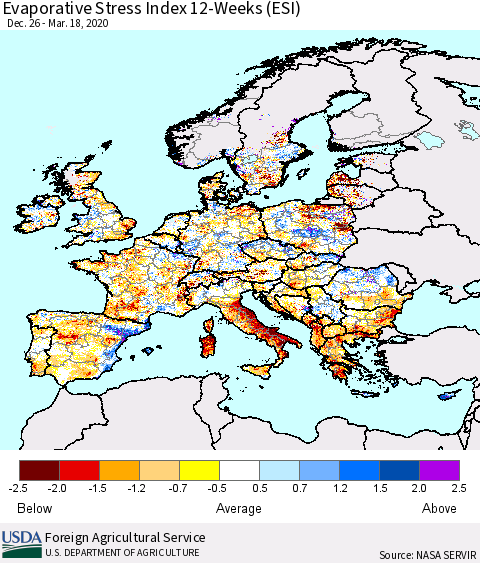 Europe Evaporative Stress Index (ESI), 12-Weeks Thematic Map For 3/16/2020 - 3/22/2020