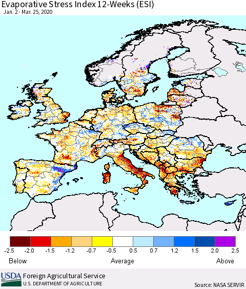 Europe Evaporative Stress Index (ESI), 12-Weeks Thematic Map For 3/23/2020 - 3/29/2020