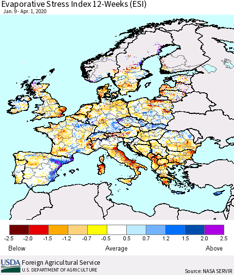 Europe Evaporative Stress Index (ESI), 12-Weeks Thematic Map For 3/30/2020 - 4/5/2020