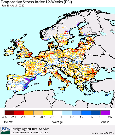 Europe Evaporative Stress Index (ESI), 12-Weeks Thematic Map For 4/6/2020 - 4/12/2020
